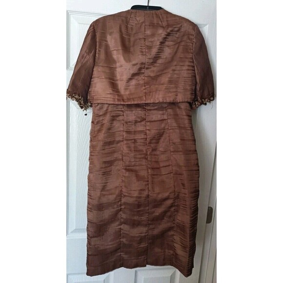 Victor Costa 2-Piece Sheath Dress  Jacket Sz 4 Brown  Shimmer Beaded Semi Formal - Picture 2 of 11
